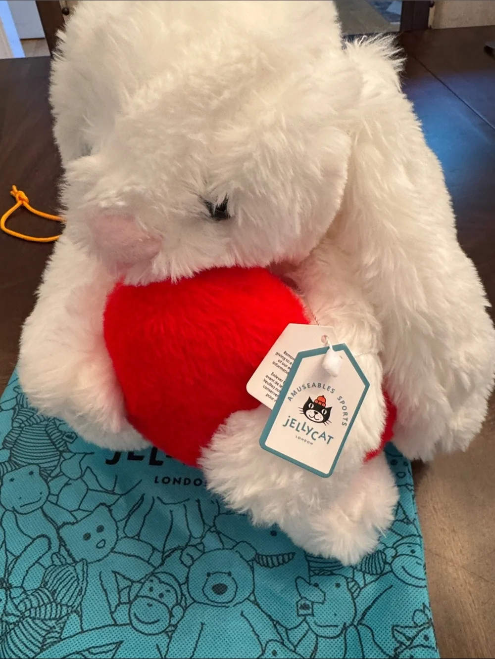 Jellycat White Bunny Plush Hugging Bright Red Heart